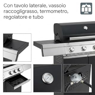 Tarrington House Barbecue a Gas Paxton, Acciaio/Acciaio Inox, 4 Bruciatori + 1 Fornello, Tavolino Laterale, Termometro, 4 Ruote, Nero Opaco