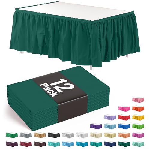 Exquisite Dark Green Table Skirt 12 Pack - Disposable Plastic Table Skirts for Rectangle Tables 6ft 8ft & Round Tables - 29in x 14ft Self-Adhesive Strip - Birthday Wedding Gender Reveal Decor