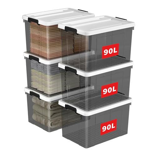 Cetomo 90L*6 Caja de Almacenamiento, Caja de Plástico con Tapa y Cierre Seguro, Contenedor de Almacenamiento Grande, Duradera, Apilable, Resistentes, Negro Transparente, Paquete de 6 de 90L