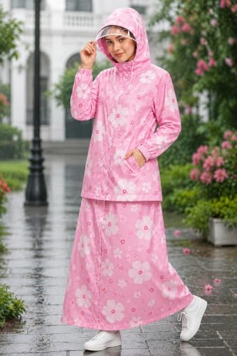 Image of Krystle Women's Waterproof Raincoat with Hood & Transparent Visor, Full Length Rainwear Coat and Skirt Set, Floral Print (Pink,Multisize)