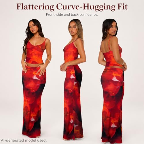 Image of Two Piece Skirt Set Women Maxi Long Skirt and Top Outfit | Soft stretchy 5 pc, slim bodycon, adjustable spaghetti straps, ruched crop tank, elastic waist, going out, beach vacation