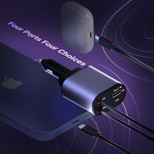 Image of AILKIN 120W 4 in 1 Retractable Car Charger,Car Phone Charger, Retractable Cables & 2 USB Ports Car Adapter for Android Phones & iPhone 17 /16 /15 /14 /13 /12 /11 Pro Max,Xr,Ipad & Other Smartphones