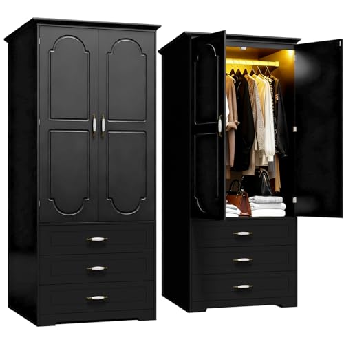 FJTJBSI Armoire Wardrobe Closet with 3 Drawers and LED Light