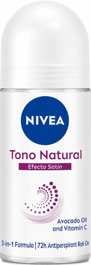 NIVEA Aclarado Tono Natural Efecto Satin Roll-On Deodorant 50ml (1.69 fl oz) 72H Odor Protection Avocado Oil & Vitamin C Smooth Underarm Care USA Version (English Label)