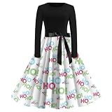CreoQIJI Vestidos cortos y elegantes vestidos de Navidad para mujer, manga larga, cuello redondo, estampado, estilo vintage, corte de fiesta, patchwork, cremallera de cóctel, vestidos para mujer,