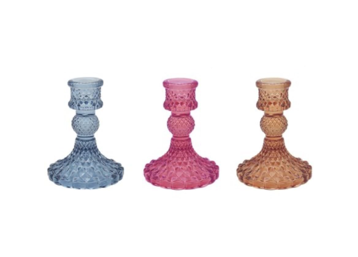 1x 11cm Jewel Coloured Glass Candlestick Holder in Blue, Pink or Peach, Glass Candle Holder, Taper Dinner Candlestick Diamond Edge, Textured Short Candle Holder, Coloured Glass Candle Holder (Pink)