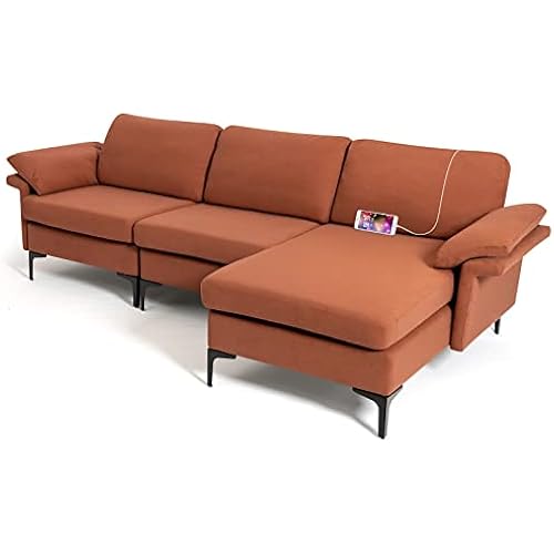 Giantex 100.5" L Convertible Sofa Couch, 3-Seat Sectional Sleeper with USB Ports & Socket, Storage Box, Metal Leg, L-Shaped Modular Sofa Reversible Chaise Lounge, for Living Room Bedroom Office Red