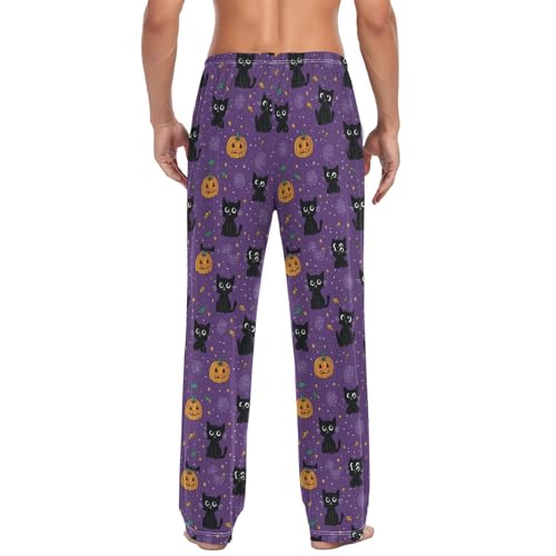Men’s Halloween Black Cats Pajama Pants with Pockets, Comfortable Lounge Sleep Bottoms#6132