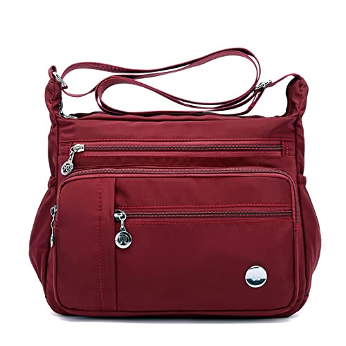 Women Multi Pocket Crossbody Bags Casual Waterproof Nylon Shoulder Handbags Dark Red Large