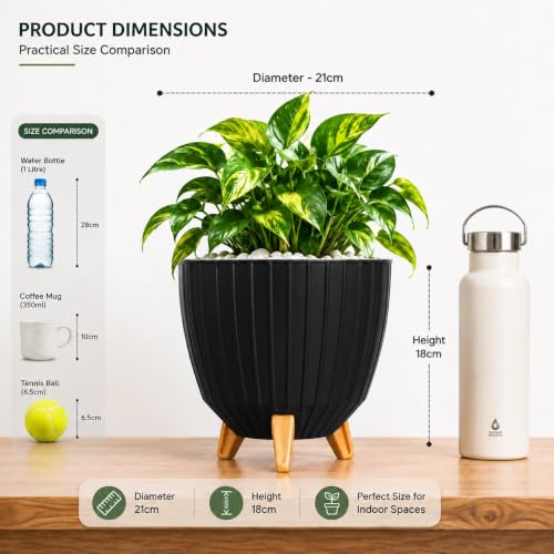 Image of Xmart India 7 Inch Decorative Plant Pot for Indoor & Outdoor Plants | Planter Pot with Stand & Legs |Ribbed Flower Pot for Home, Balcony, Garden, Living Room & Office | Plant Container (3, Black)