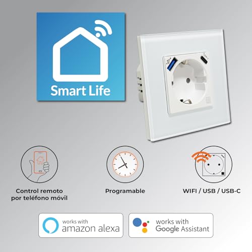 LED ATOMANT Pack 4x Enchufe de Pared Inteligente Cristal Wifi 16A con USB y USB C, Carga Rapida, Medidor de Consumo, Base Schuko para Empotrar, APP Smart Life, Compatible con Alexa y Google Home - imagen 8