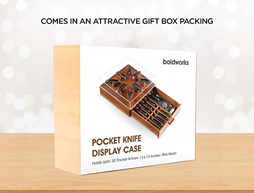 Pocket Knife Display Case Pocket Knife Case Pocket Knife Holder Stores Upto 30 Knives In Two-Tier Pocket Knife Storage With Shatterproof Acrylic Glass Top Large Wooden Shelf And Walnut Color Finish #TOP7