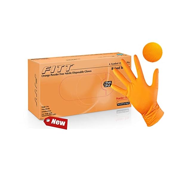 FITT Orange Nitrile Disposable Industrial Gloves, Raise Texture, 8 Mil