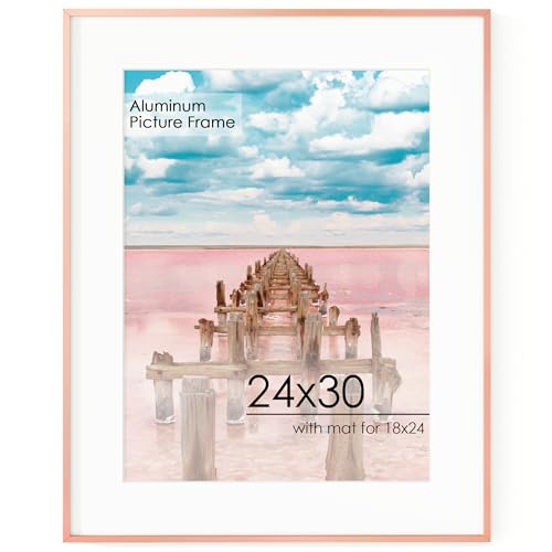 24x30 Metal Picture Frame for Wall With Mat for 18x24, 24''x30'' Aluminum Photo Frames With Tempered Glass for Home Decor, Minimalist Modern Poster Frame Horizontal And Vertical Formats, Rose Gold