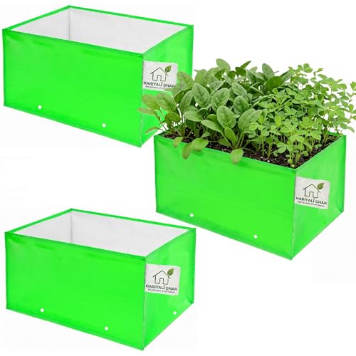 Image of Heavy Duty 260 GSM HDPE Square Grow Bags 24x12x12 Inch, UV Protected Green Planting Bags for Terrace Kitchen Gardening Pack of 3