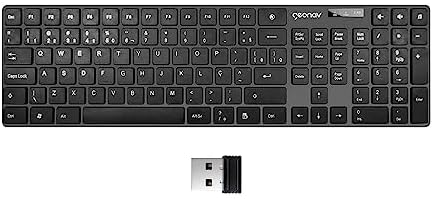 Geonav Teclado sem fio, 108 teclas, Alfanúmerico, Padrão ABNT2, Teclas baixas e macias, Ergonômico com inclinação, Indicador 