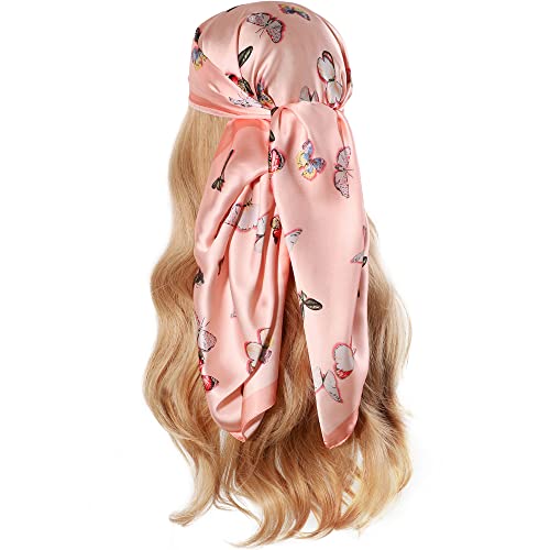 Nasoperfect 27 Inch Silk Feeling Scarf Square Satin Head Scarf Fashion Butterfly Print Neck Scarfs For Women Pink #TOP2