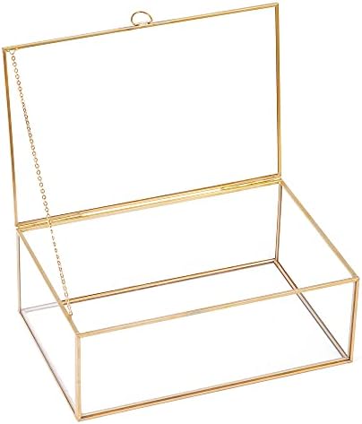 HCENJOC Golden Vintage Clear Glass Lidded Box Edge Bracelet Keepsake Decorative Jewelry Display Home Decor (10.8x7x4 in)