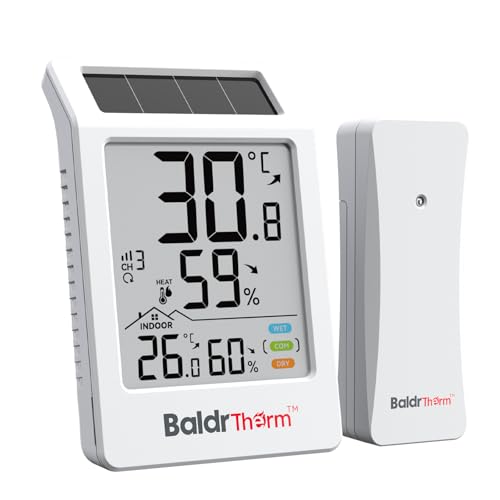 BaldrTherm Digital Hygrometer Indoor Outdoor Thermometer,Wireless Temperature Humidity Monitor with 330ft/100m Range, Multi-Zone Detection, Dual Power Supply & Trend Visualization, 1 Pack