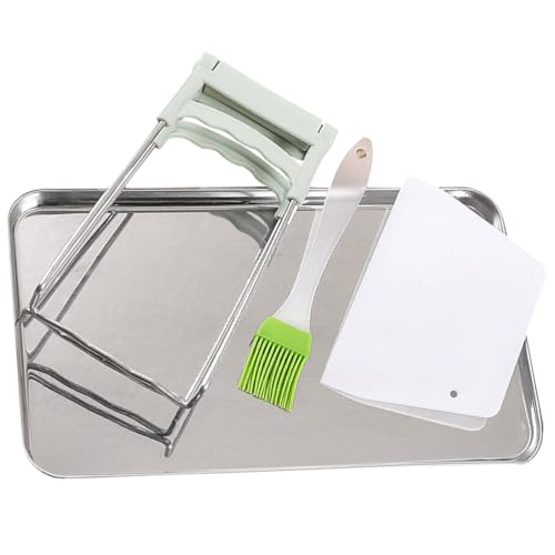 BESTonZON Stainless Steel Cheung Fun Steamer Pan with Brush Scraper and Gripper Metal Tray, Rice Noodle Rolls Tool Kit Stainless Steel Steamed Vermicelli Roll Plate for Rice Noodle Rolls