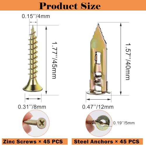 Image of 90PCS Self Drilling Drywall Anchors and Screws Kit, 0.47x1.57 inch Sheetrock Anchors with Screws, Wall Anchors for Drywall, No Drill, Holds Up to 66LBS for Picture & Mirror Hanging