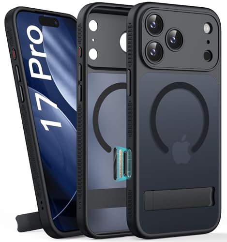 Image of Vihibii for iPhone 17 Pro Cover with Stand & Camera Control, [Compatible with Magsafe], Full-Cover Lens Protection, Rugged Hard Back & Silicone Edge, Non-Slip Translucent Slim Case, 6.3 inch 2025, Black