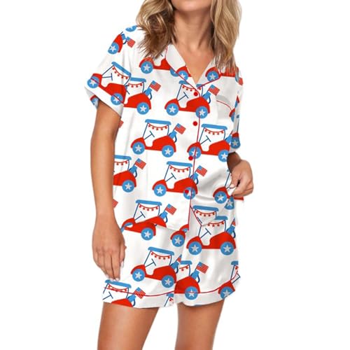 Image of RUEWEY Women American Flag Pajamas Set Satin Silk Button Short Sleeve Shirt Shorts 2 Piece Loungewear