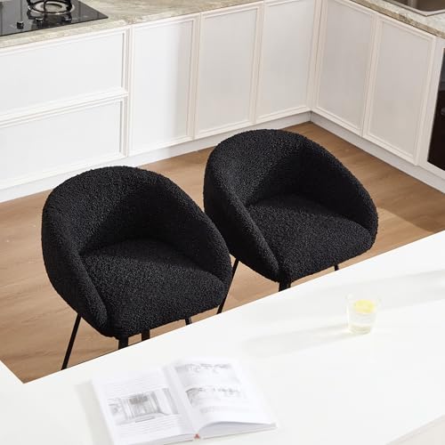 Image of Zesthouse Swivel Counter Height Stools Set of 2, Modern Bar Stools for Kitchen Island, 26'' Black Sherpa Kitchen Counter Height Chairs with Barrel Arms & Backs, Upholstered Fabric Bar Chairs