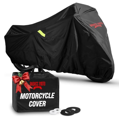 Badass Moto Ultimate Motorcycle Cover Waterproof Outdoor Heavy Duty Durable All Season Storage Harsh Weather Sun Rain Cover fits Harley Davidson Street Glide, Vulcan, Shadow, Cruiser Bikes. Large 97L