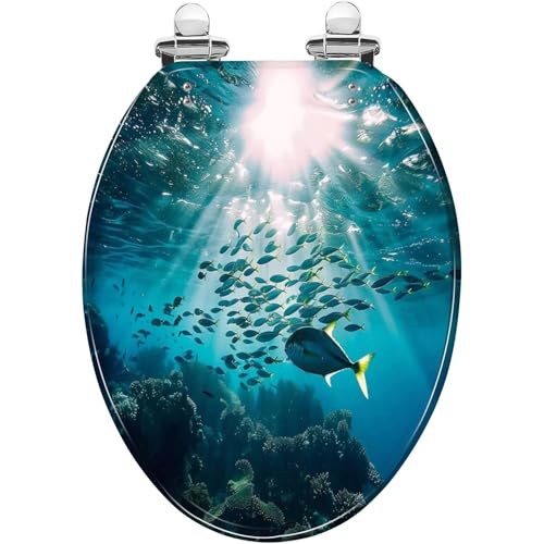 Elongated Toilet Seat Underwater view tuna school fish ocean transparent water Resin Toilet Seat Quietly Close Quick Release Hinges Decorative Toilet Seat with Cover Easy to Install