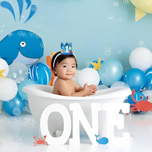 CORNER LACE Ocean Theme 1st Birthday Hat - Oneder The Sea First Birthday Glitter Crown Blue, Jellyfish One Year Old Happy Birthday Party Decorations Supplies Favors Photo Booth Props