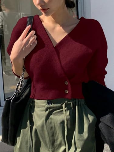 Image of WDIRARA Women's Wrap V Neck Sweater Button Front Long Sleeve Crop Knitted Top