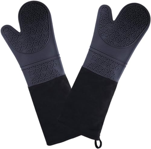 Extra Long Professional Silicone Oven Mitts With Quilted Liner, Heat Resistant Oven Gloves Silicone Oven Mitts And Pot Holders Long Sleeves Baking Gloves, Cooking Gloves Protect Your Hands Arm (Black)