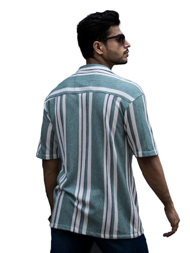 Image of Maniac Mens Striped Collar Neck Half Sleeve Jacquard Oversized Shirt