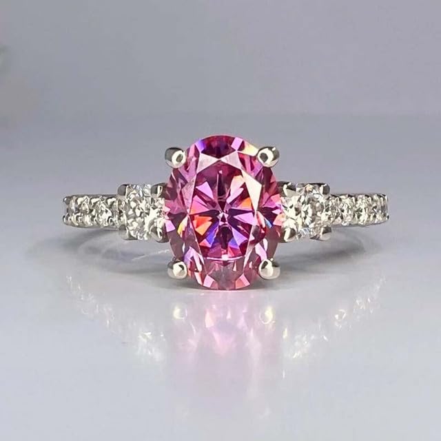 1.50 CT Oval Shape Simulated Pink Sapphire and White Diamond Three Stone Wedding Engagement Ring In 14K White Gold Plated 925 Sterling Silver Gift for Womens2