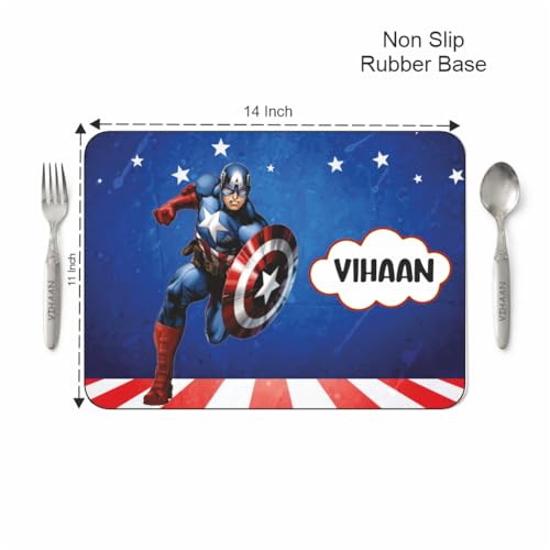 Image of Customized Table Mat with Name & Design Engraving | Personalized Dining Mat with Spoon & Fork | Customized Birthday Gift for Kids (Captain America)