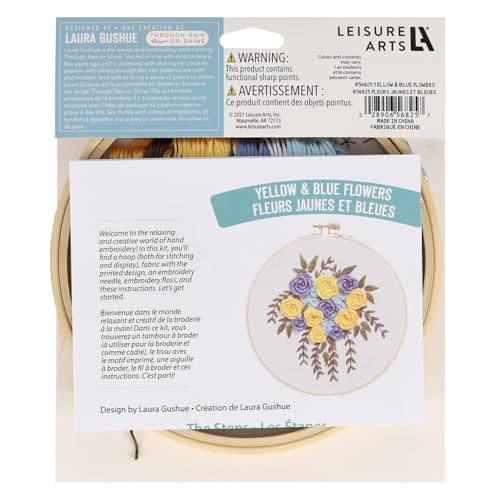 Image of LEISURE ARTS Embroidery Kit 6 inch Yellow & Blue Flowers - Embroidery Kit for Beginners and Adults, Cross Stitch Kits with Patterns, DIY Starter Set for Seasonal Craft Projects