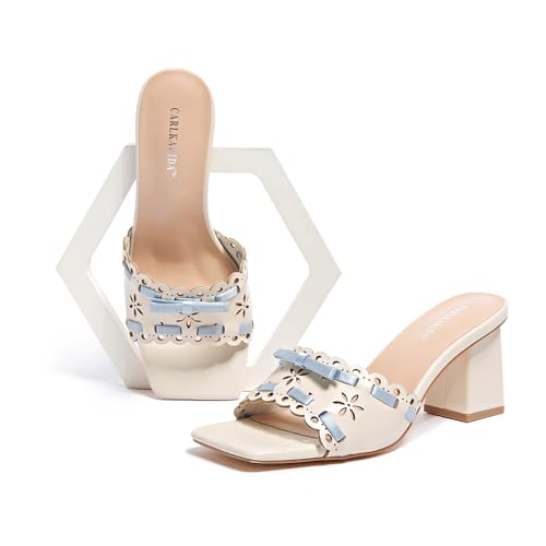 Women's Heeled Sandals Open Toe Mules Glossy Chunky Heels Casual Dress Shoes4