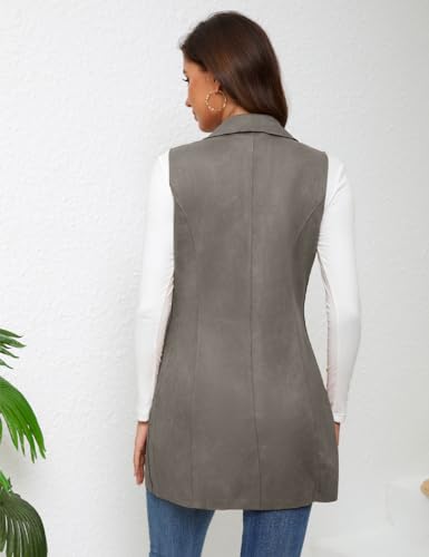 Charis Allure CA190393 Women'S Long Sleeveless Suede Vest Casual Lapel Open Front Duster Vest,Grey,L thumb #2