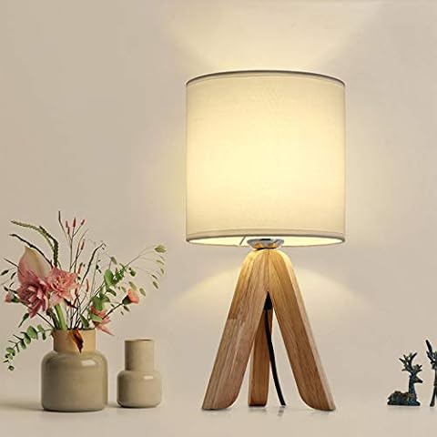 HAITRAL Small Bedside Table Lamp - Wooden Tripod Nightstand Lamp for Bedroom, Living Room, Office, Farmhouse, Home with Fabric Shade, White Cover