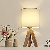HAITRAL Small Bedside Table Lamp - Wooden Tripod Nightstand Lamp for Bedroom, Living Room, Office, Farmhouse, Home with Fabric Shade, White