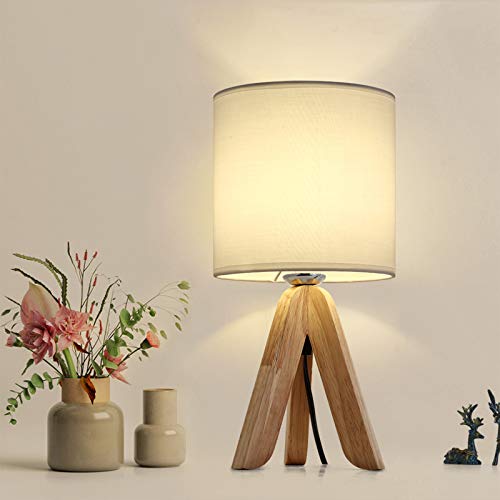 HAITRAL Small Bedside Table Lamp - Wooden Tripod Nightstand Lamp