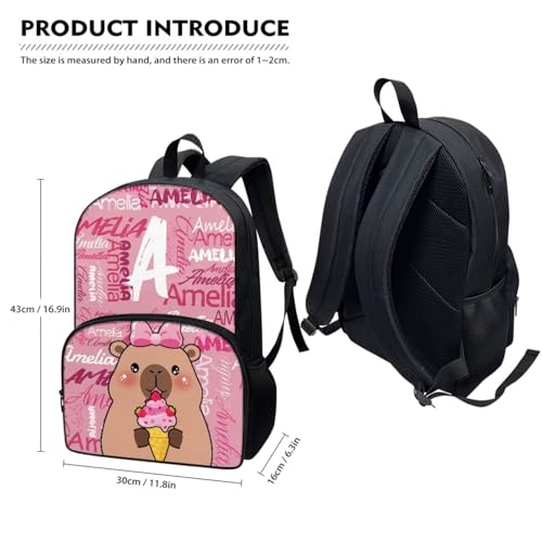 Jeiento Cute Capybara School Bag Set 4 In 1,Large Capacity Backpack with Capybara Lunch Bags Pencil Case Water Bottle Holder Personalized Travel Shoulder Ruckpack Custom Child Name Schoolbag2