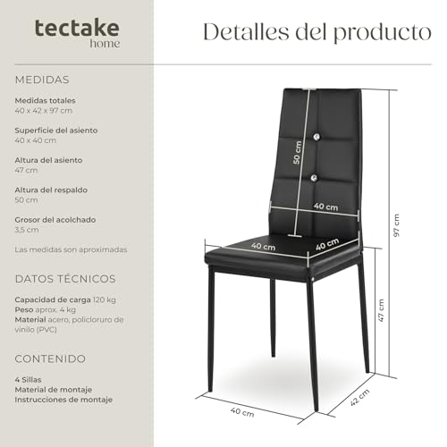 Miniatura 3 de Tectake - Set De Sillas De Comedor, Asiento Y Respaldo Acolchado, Piel Sintética Con Piedras Brillantes Integradas, 40x42x97cm 4x Negro