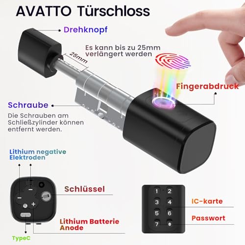 AVATTO Smart Türschloss mit Fingerabdruck und Passwort für 90-120mm Tür, Schließzilinder Länge ist einstellbar, mit Schlüssel, IC-Karte, Unterstützen Smart Life App Fernbedienung