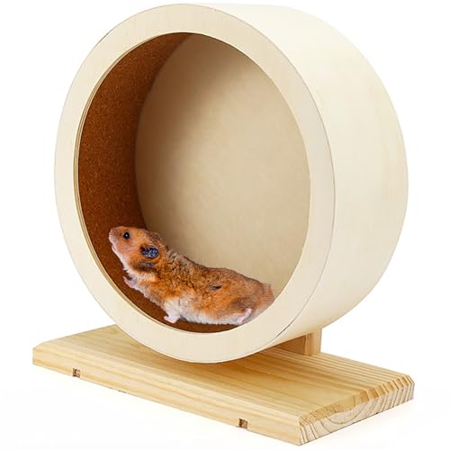 XFLYP Rueda de hámster de 20 cm, rueda de ejercicio silenciosa de madera con base, rueda de ejercicio de doble rodamiento, rueda giratoria silenciosa para jerbos de hámster sirio enano y animales