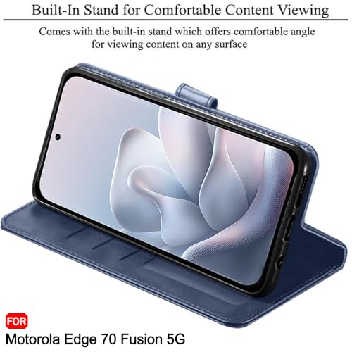 Image of TheGiftKart Flip Back Cover Case for Motorola Moto Edge 70 Fusion 5G | Dual-Color Leather Finish | Inbuilt Stand & Pockets | Wallet Style Flip Back Cover Case (Faux Leather, Blue & Sky)