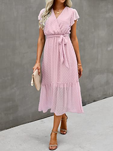 Image of BTFBM Women Summer Bohemian Floral Casual Wrap V Neck Ruffle Cap Sleeveless Belt A-Line Pleated Hem Midi Sun Dress White