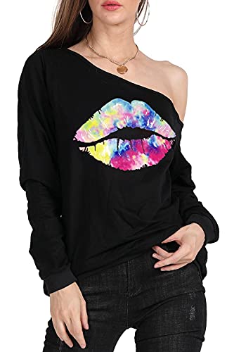 Image of MAGICMK Woman's Sweatershirt Lips Print Causal Blouse Off The Shoulder Long Sleeve Loose Slouchy Pullover Plus Size Tops