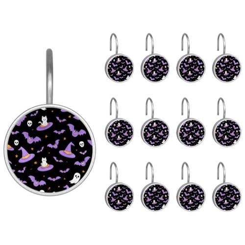 12pcs Glass Shower Curtain Hooks, Rust Resistant Decorative Shower Rings for Bathroom Living Room,Stainless Steel Hooks for Shower Curtain and Liner Rods (Halloween Purple Hat Bat)
